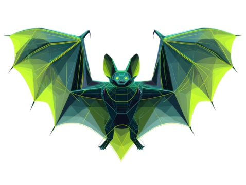 A stylized geometric bat with glowing green eyes and wide-spread faceted wings in a futuristic low-poly style.
