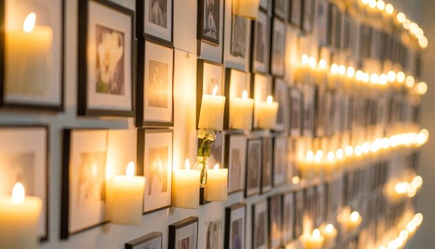 Wall adorned with framed photos and lit candles, creating a warm, memorial ambiance.