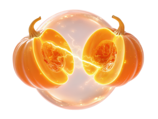 A glowing orange pumpkin split in half with a powerful electric arc connecting the two sides.