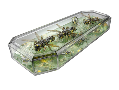 Intricate robotic wasps with glowing yellow details preserved in a faceted glass container filled with green liquid.