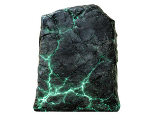 Mystical black stone tablet with a fractured surface and glowing green energy fissures.