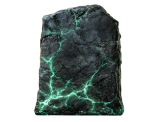 Mystical black stone tablet with a fractured surface and glowing green energy fissures.