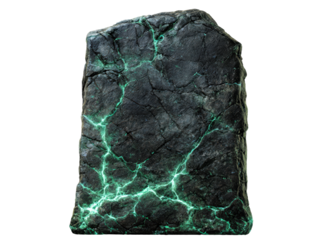 Mystical black stone tablet with a fractured surface and glowing green energy fissures.