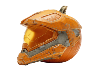 A weathered battle-damaged futuristic helmet carved from an orange pumpkin with a golden visor and metallic details.