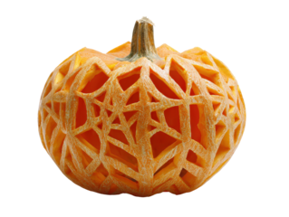 Intricately carved orange pumpkin with a complex geometric web-like pattern and textured surface.