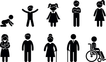 Stickman family and people life icons set vector – parents, children, grandparents, relationships silhouette figures