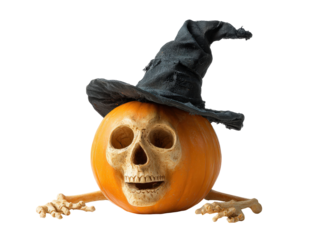 Crawling Halloween pumpkin with a carved skull face tattered black witch hat and bony skeleton hands.