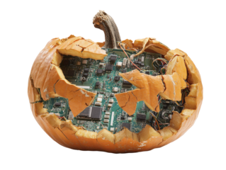 Cracked orange Halloween pumpkin revealing a complex green electronic circuit board inside.