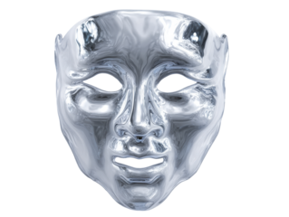 Polished chrome theatrical mask with a distorted liquid metal surface and a neutral expression.