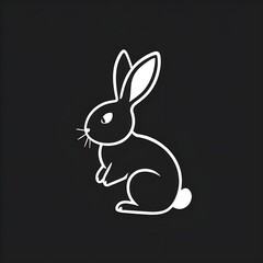 Obraz premium A minimalist black and white silhouette of a rabbit sitting upright with long ears and a round tail, outlined in clean white lines. Simple flat design, modern graphic illustration on a dark background