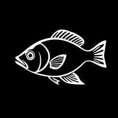 Fototapeta premium Black and white illustration of a fish with detailed scales, fins, and tail, drawn in a bold and clean line-art style. The fish is centered on a solid black background, creating a striking contrast an