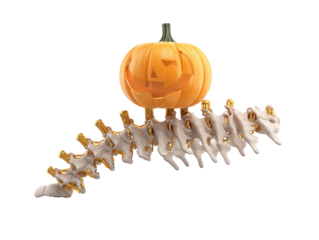 A smiling Jack-o-lantern head on a creepy bionic spine with white bones and golden mechanical parts.