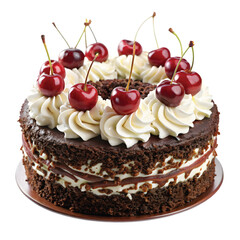 Black Forest Cake: A decadent Black Forest cake with cherries and whipped cream, detailed PNG format.