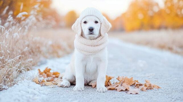 Adorable golden retriever puppy wearing cozy white knit hat and scarf, sitting on frosty path amidst fallen autumn leaves and light snow, with warm blurred bokeh background of golden trees. - Powered by Adobe