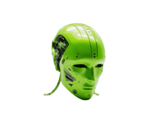 Glossy lime green robotic head with exposed mechanical inner workings.