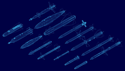 A blueprint of multiple submarines arranged symmetrically on a blue background, featuring distinct shapes and sizes. The white wireframe submarines contrast sharply against the blue.