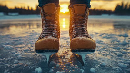 Low-angle view of rugged brown ice skates standing on snowy, textured frozen lake, beautifully illuminated by warm, golden light of winter sunset reflecting vividly across icy surface.