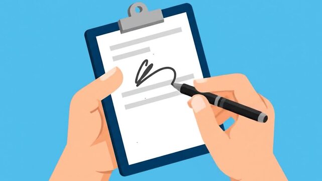 Clean 2D Animation of Signing a Document on a Clipboard, Signing of business agreement with legal effect.
