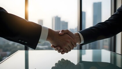Businessmen Shaking Hands in Modern Office with Cityscape Background at Sunset