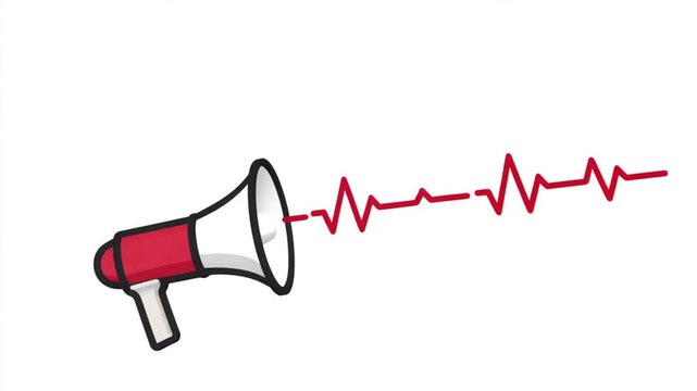 Cartoon megaphone with red wave pulse emitting, isolated on a bright white background