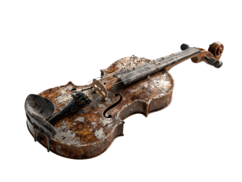 A weathered antique violin with a unique peeling rust-like texture on its body.