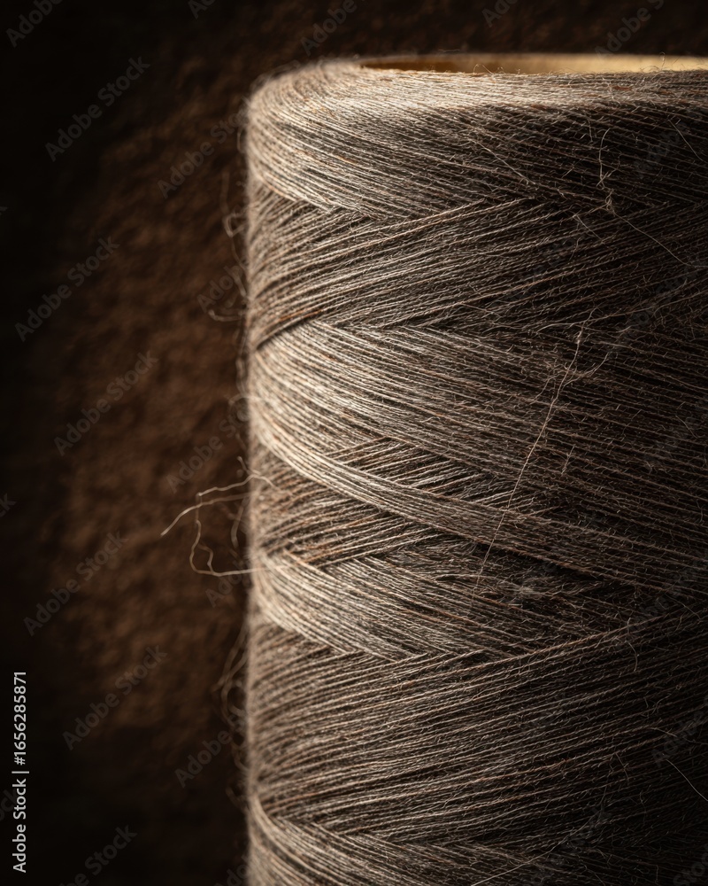 Poster close-up view of grey thread spool on dark background showcasing textures and details for creative p