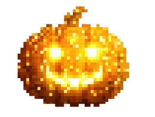 Obraz premium Luminous pixelated Halloween jack-o-lantern with a carved smile and glowing eyes.