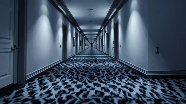 Eerie Hotel Corridor with Dim Lighting and Intricate Carpet Patterns, Creating a Mysterious and Haunting Atmosphere in a Symmetrical Perspective
