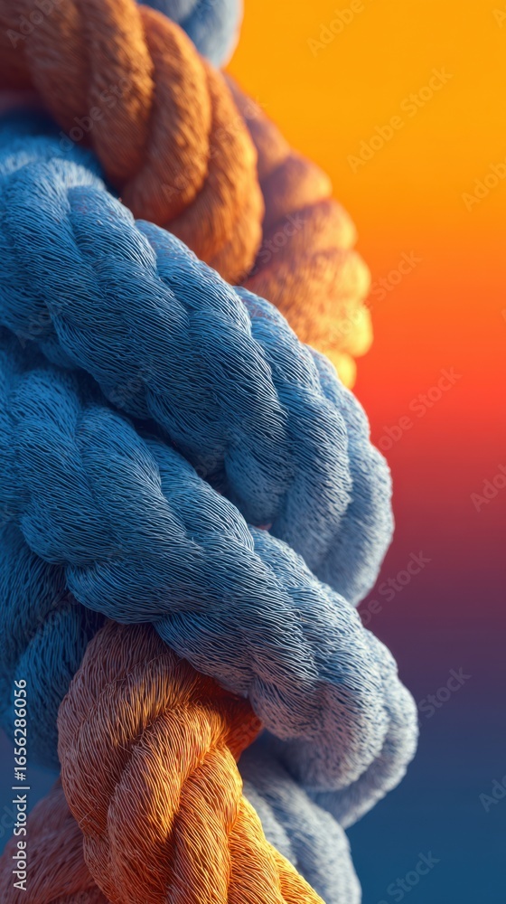 Poster close-up view of intertwined colorful ropes in vibrant sunset background showcasing dynamic textures