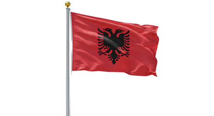 Albania national flag waving on flagpole against white background, symbol of country and patriotism, perfect for international events