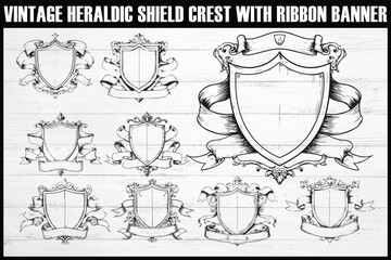 Hand-Drawn Heraldic Shield and Ribbon Emblem Set

