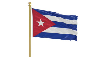 Cuban national flag waving on golden flagpole against white background, symbol of Cuba independence and patriotism