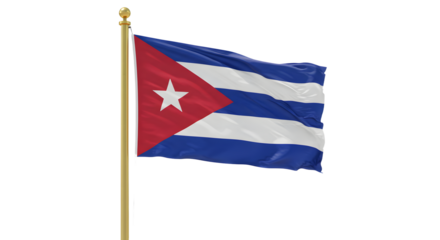 Cuban national flag waving on golden flagpole against white background, symbol of Cuba independence and patriotism