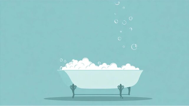 Simple illustration of a clawfoot bathtub filled with bubbles on a light blue background