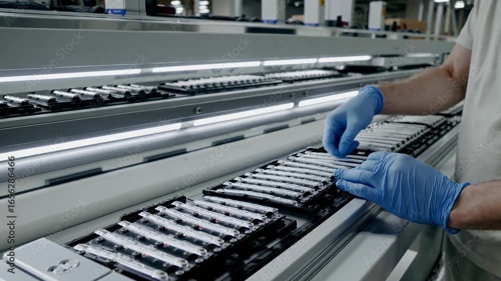 Poster technician assembling battery cells on a conveyor belt in a factory setting, demonstrating precision