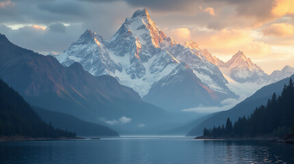 Majestic panoramic view of high snow-capped mountains at sunrise