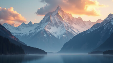 Majestic panoramic view of high snow-capped mountains at sunrise