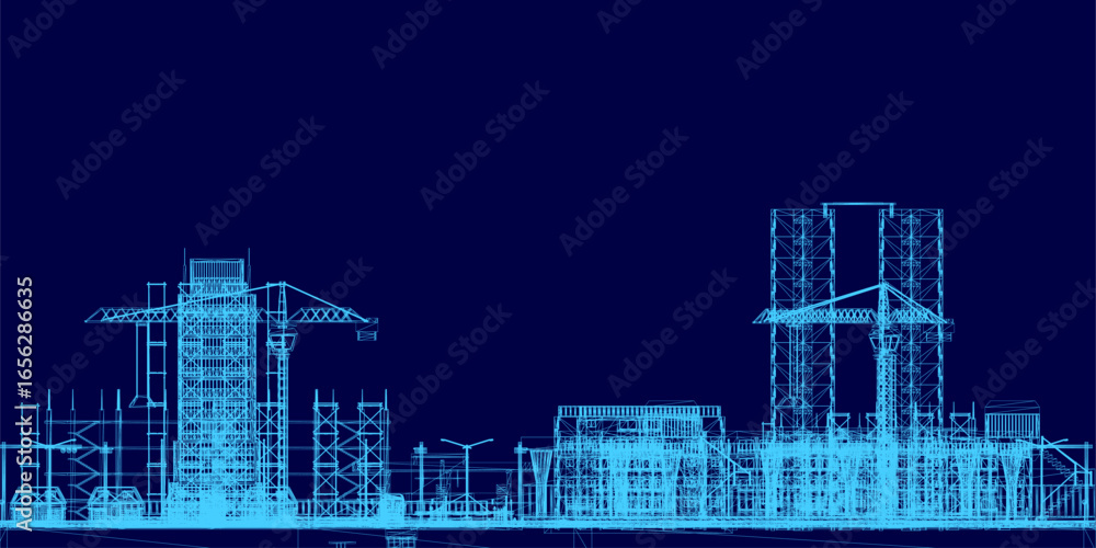 Poster a detailed blueprint of a modern building under construction features a wireframe structure with var