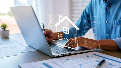 Man meticulously planning real estate investment using modern technology and digital analytics on laptop