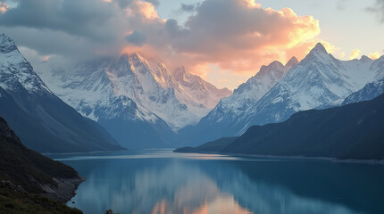 Majestic panoramic view of high snow-capped mountains at sunrise