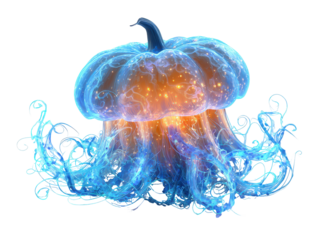 Ethereal blue pumpkin-jellyfish hybrid with a luminous orange core and swirling tentacles.