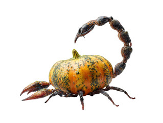 A surreal biomechanical scorpion hybrid with a mottled orange and green pumpkin body articulated tail and robotic claws.