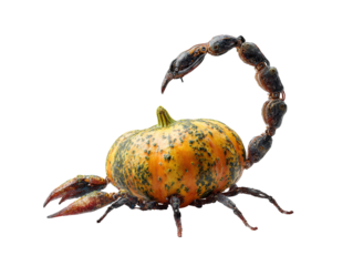 A surreal biomechanical scorpion hybrid with a mottled orange and green pumpkin body articulated tail and robotic claws.