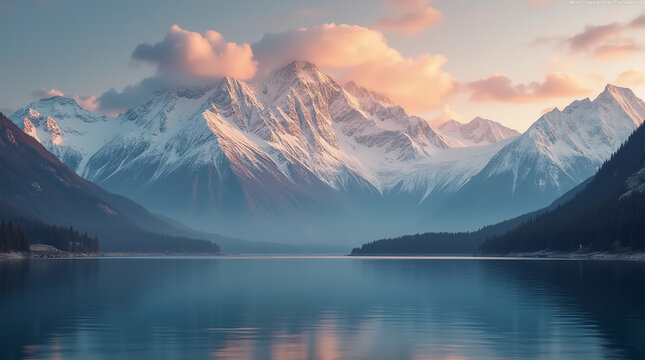 Majestic panoramic view of high snow-capped mountains at sunrise - Powered by Adobe