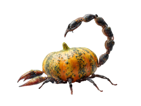 A surreal biomechanical scorpion hybrid with a mottled orange and green pumpkin body articulated tail and robotic claws.