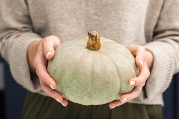 Autumn harvest theme with pumpkin held in hands for seasonal celebration. Vegetable