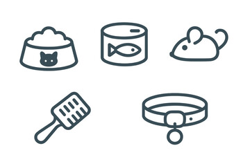 Pet care icons: food, bowl, toy, scoop, collar