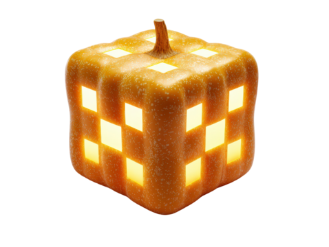 A unique cube-shaped jack-o-lantern with a speckled orange rind and glowing square windows.