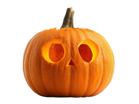 Bright orange jack-o-lantern with large round eyes a triangular nose and a surprised expression.