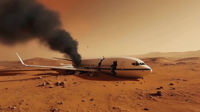 A passenger airplane exploding on the surface of Mars, with massive clouds of smoke billowing, debris scatter around the crash site	